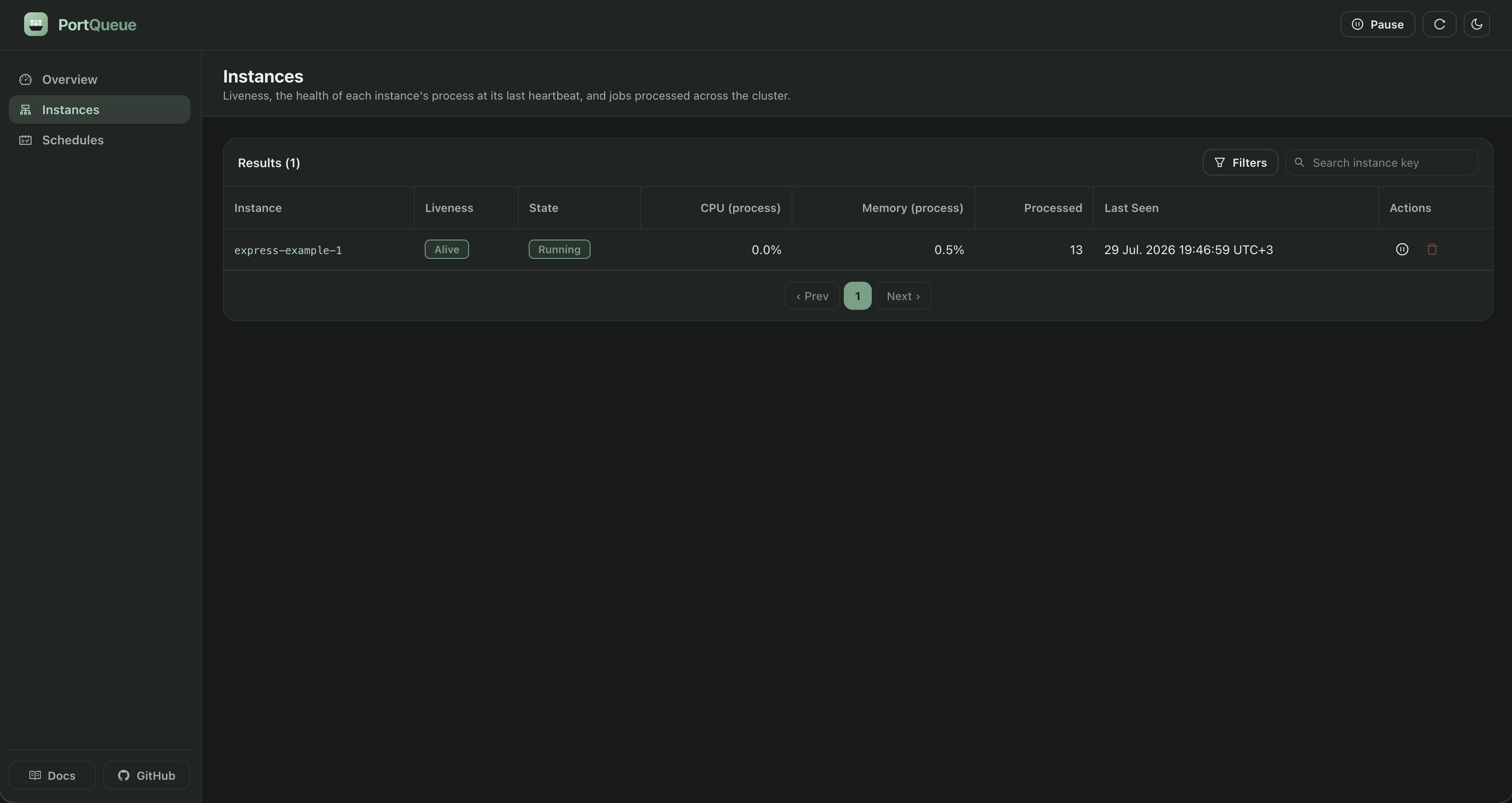 The instances page: one row per registered instance with liveness, health metrics and pause controls