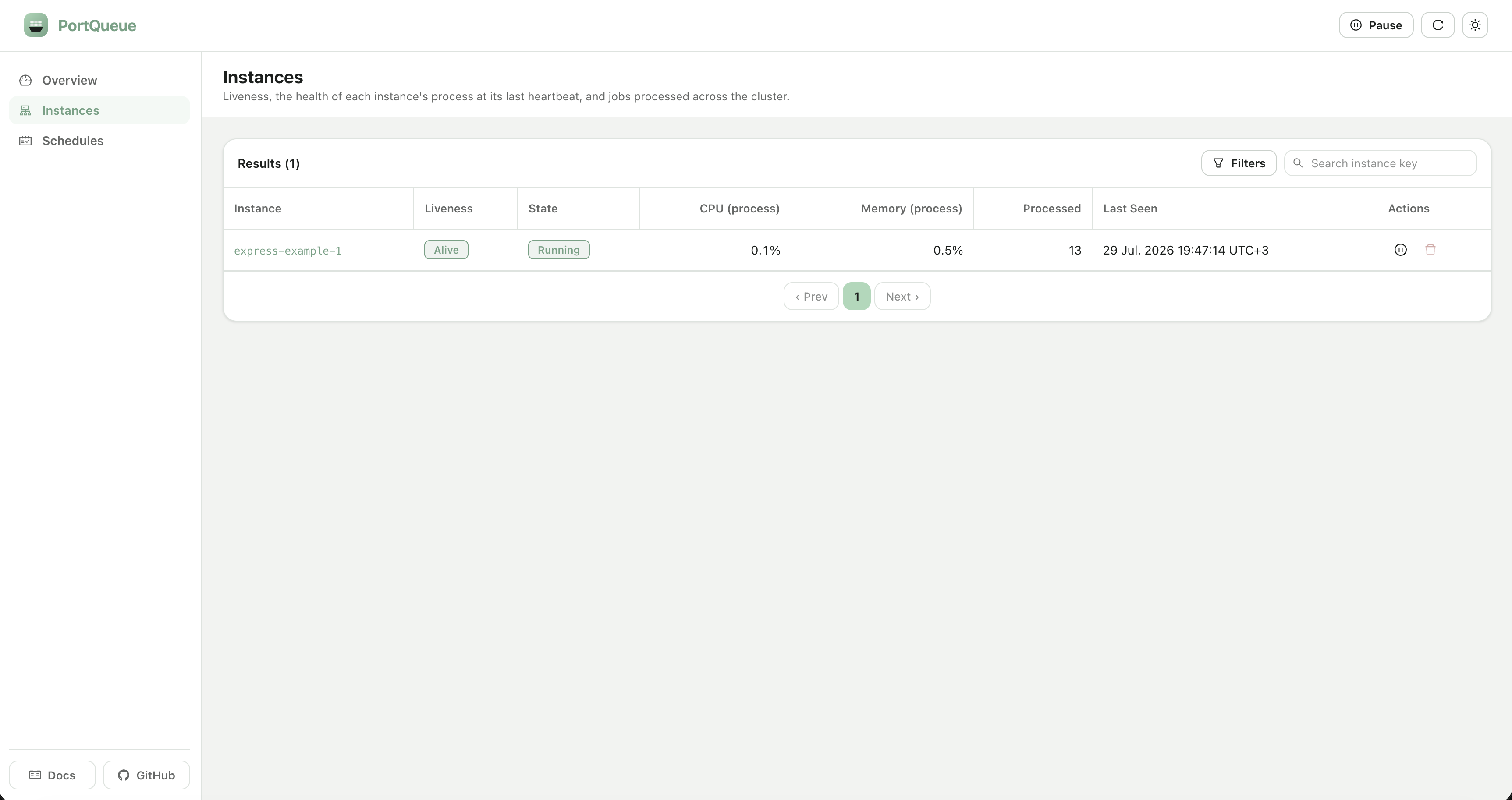 The instances page: one row per registered instance with liveness, health metrics and pause controls