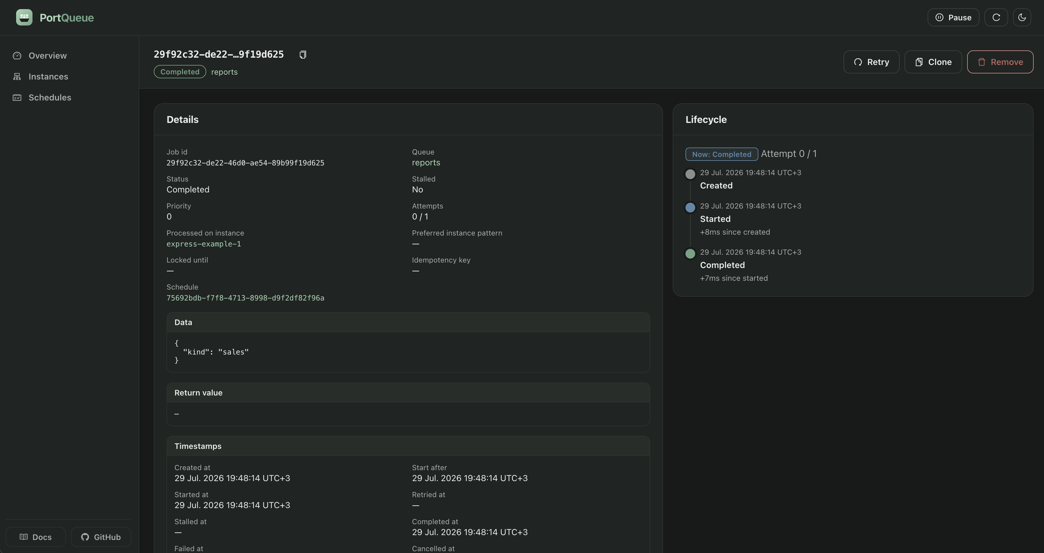 A job's detail page: the full record, its payload and return value, and the lifecycle timeline