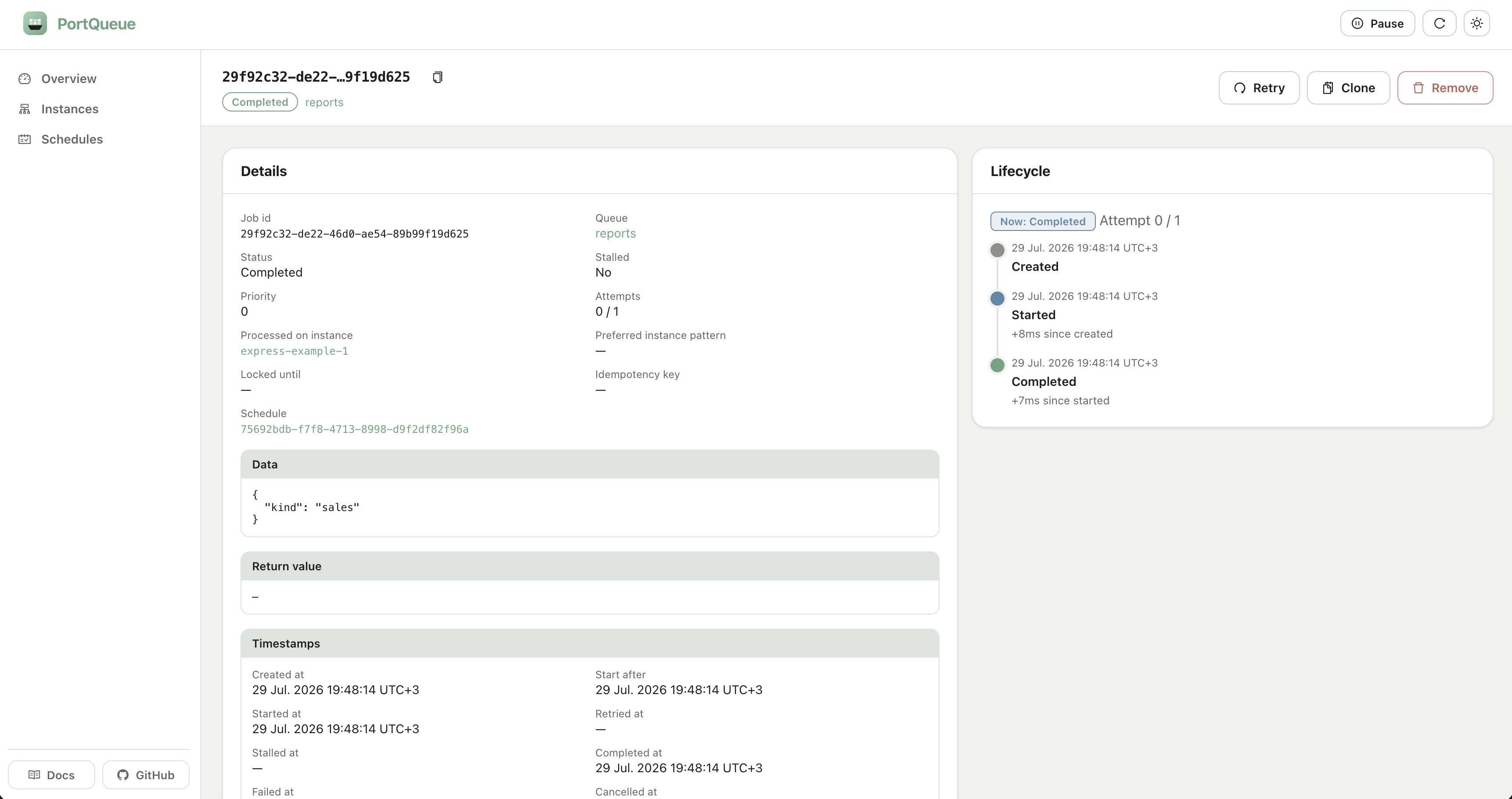 A job's detail page: the full record, its payload and return value, and the lifecycle timeline