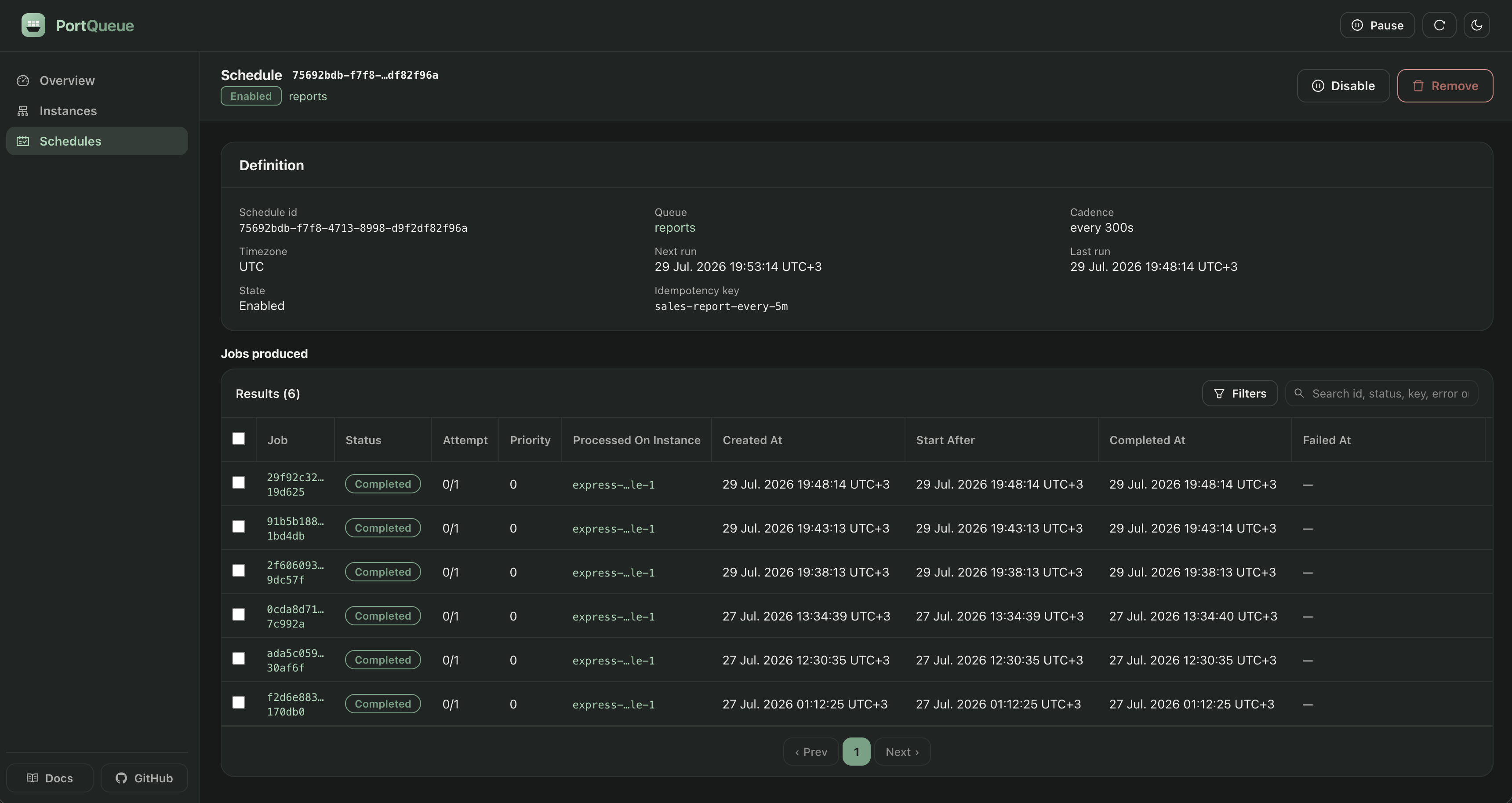 A schedule's detail page: its definition above the jobs it has produced