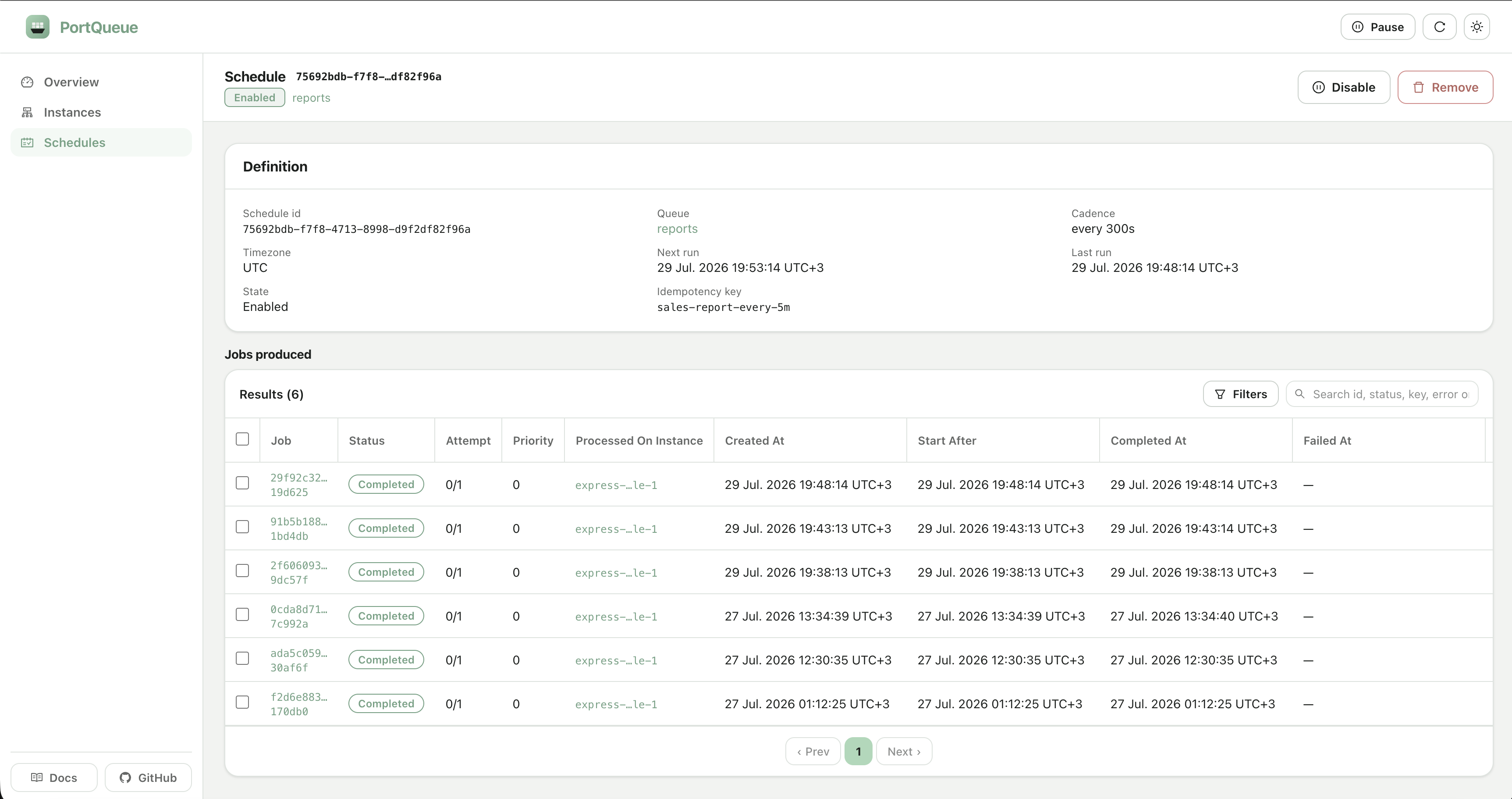 A schedule's detail page: its definition above the jobs it has produced