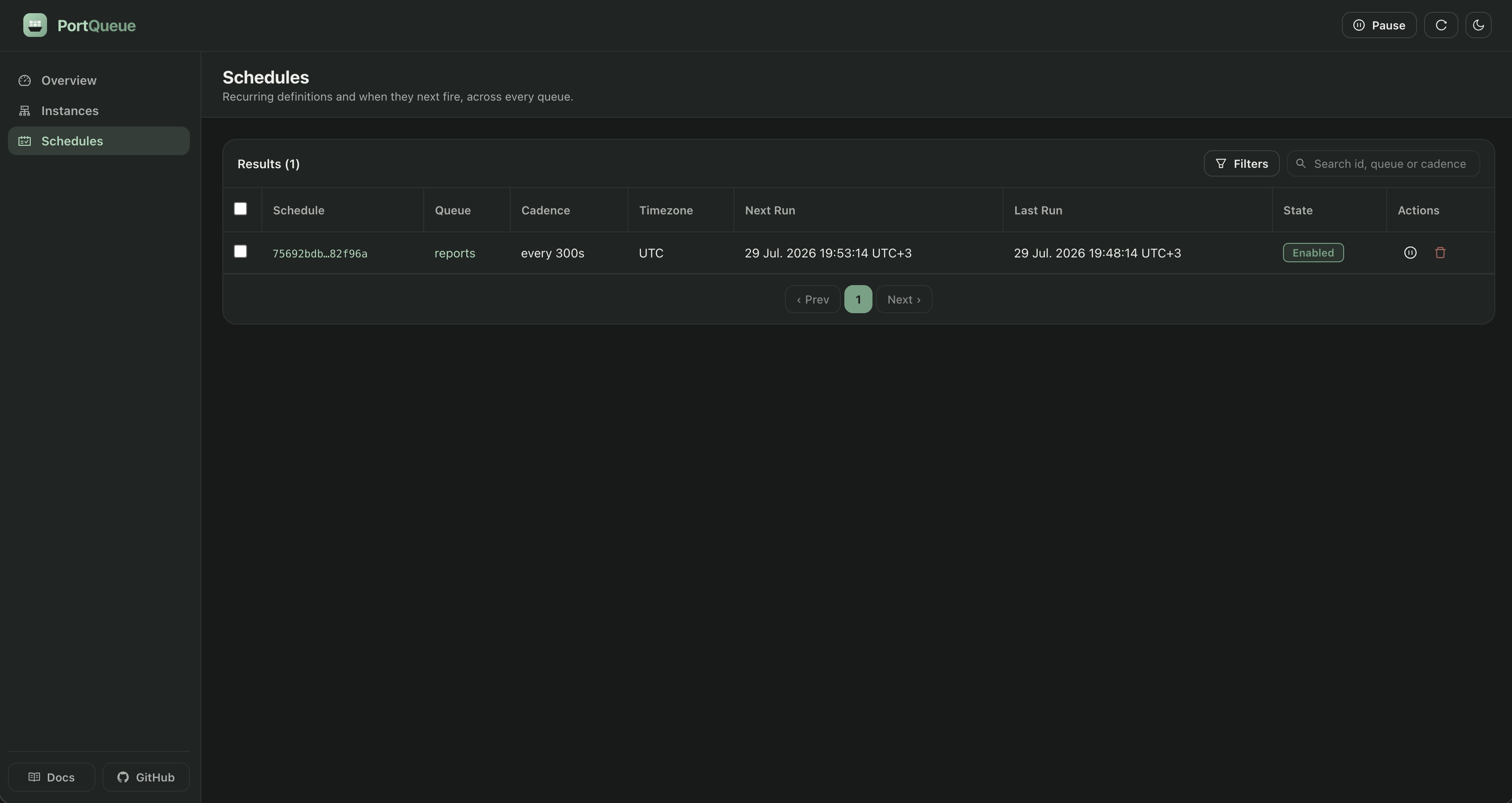 The schedules page: recurring definitions with cadence, timezone, next and last run