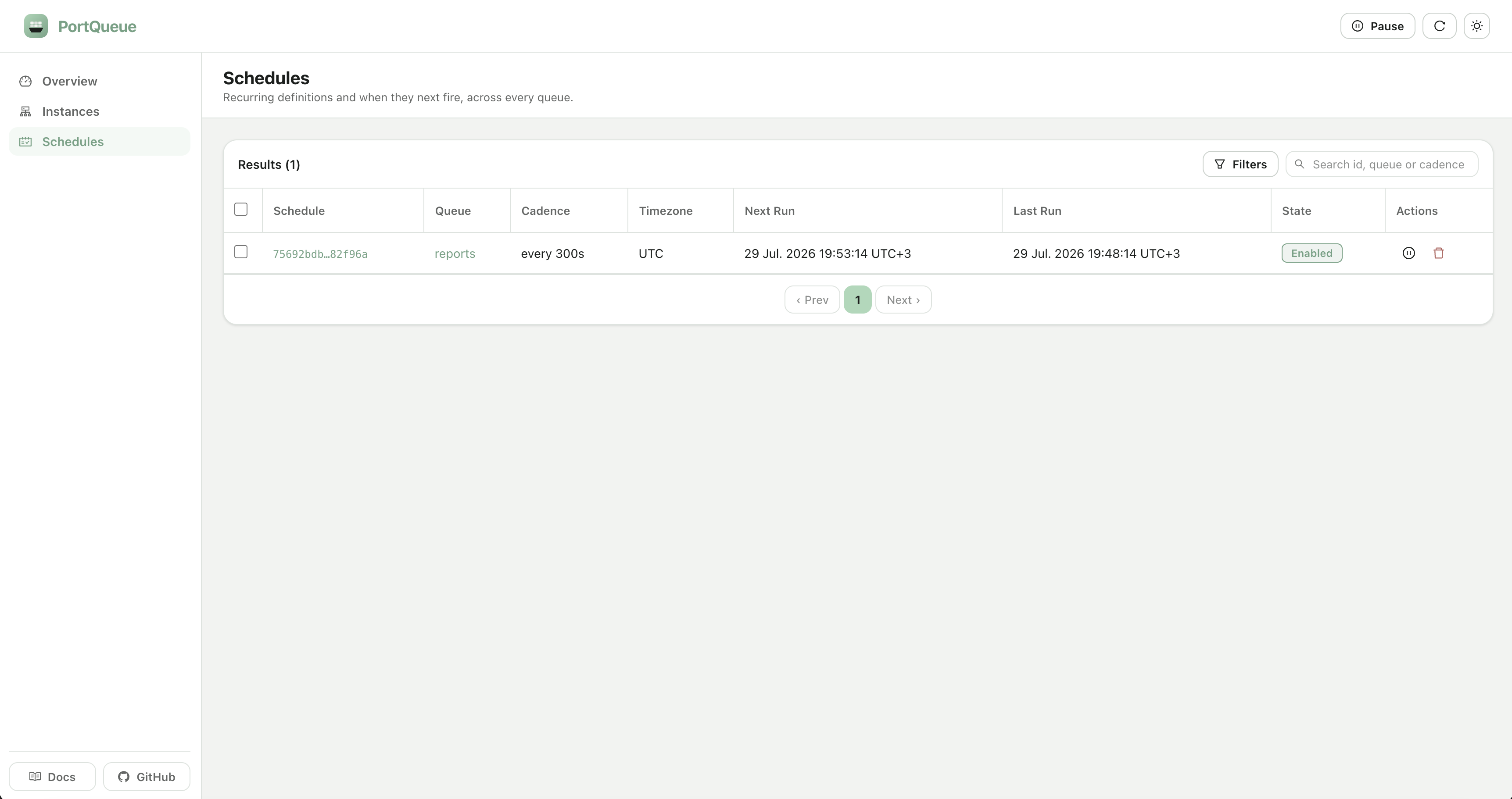 The schedules page: recurring definitions with cadence, timezone, next and last run